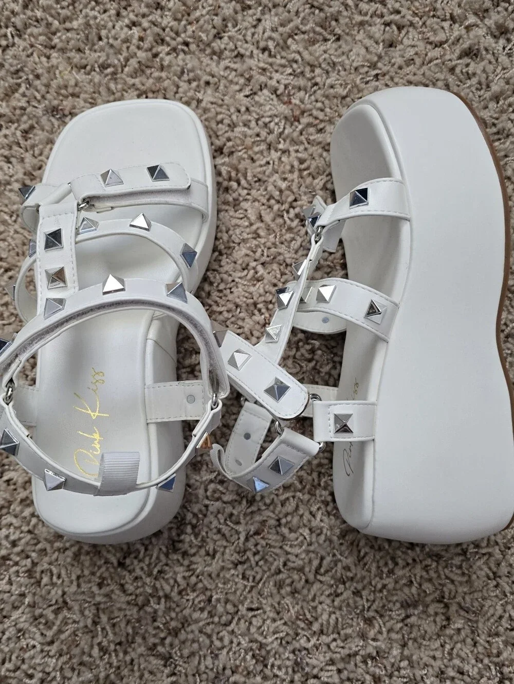 Pink Kiss Frankie White Studded Platform Velcro Sandals - women's 7